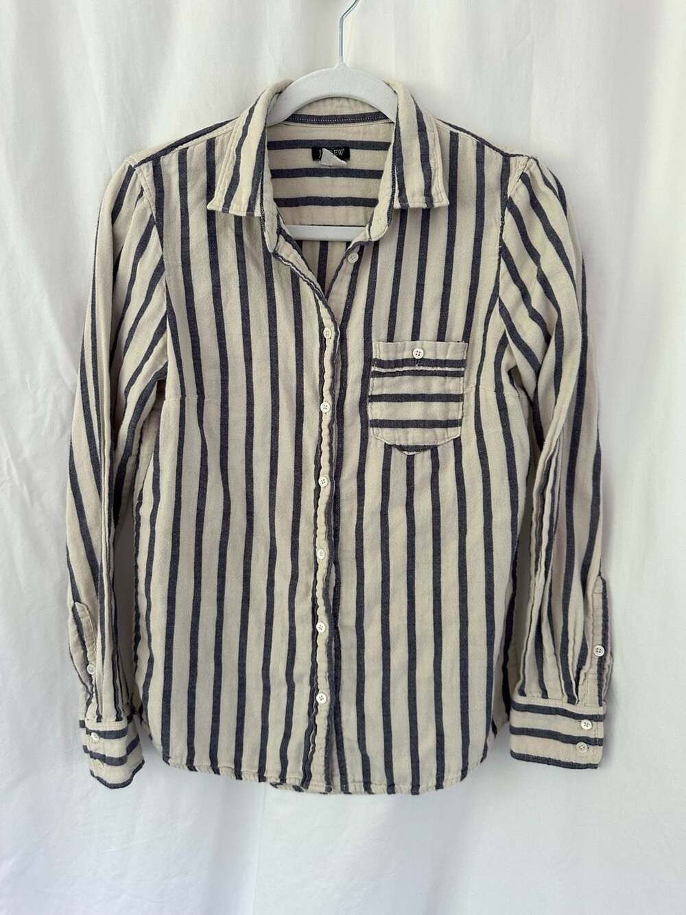 J.Crew Women's Blue and Cream Striped Long Sleeve Cotton Button-Down Shirt